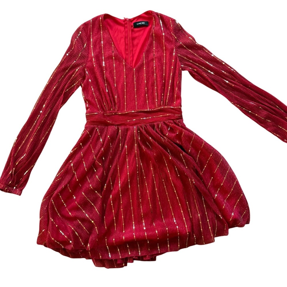 Chic Me Red Gold Sequin Stripe Dress Large V-Neck Long Sleeve Pleated Holiday - Picture 10 of 11